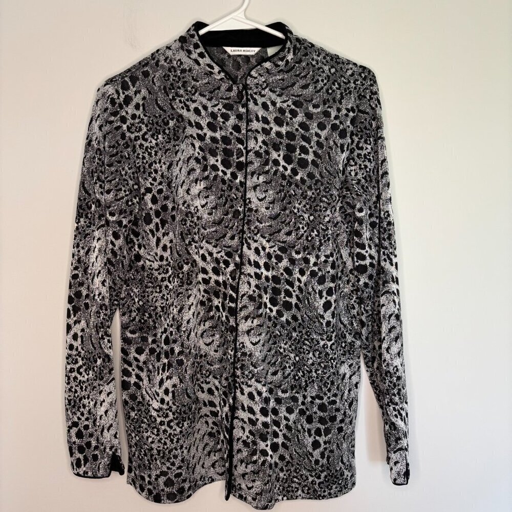 LAURA ASHLEY Blazer Women's Small Black Silver Metallic Animal Print Stretch